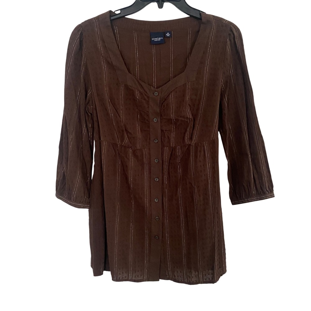 Sonoma Life Style M Brown Striped Button Front Tunic Top Boho Chic‎ Y2K Babydoll